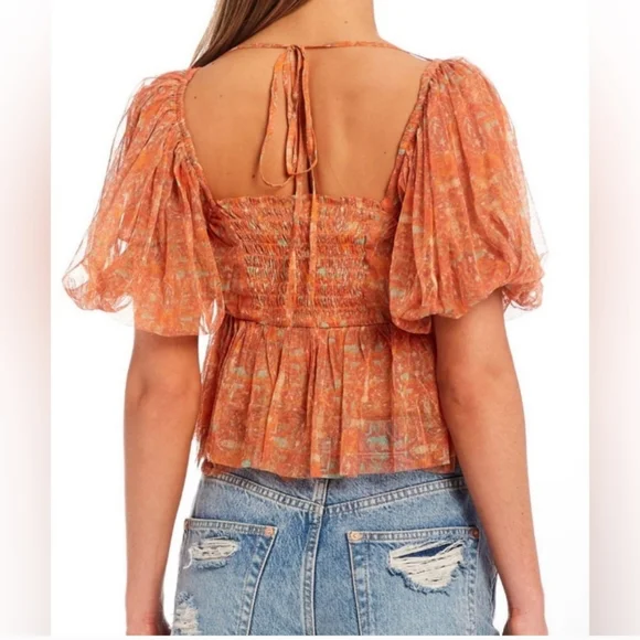 NWT Free People Penelope Peach Blouse Puff sleeve sz M - Picture 3 of 8